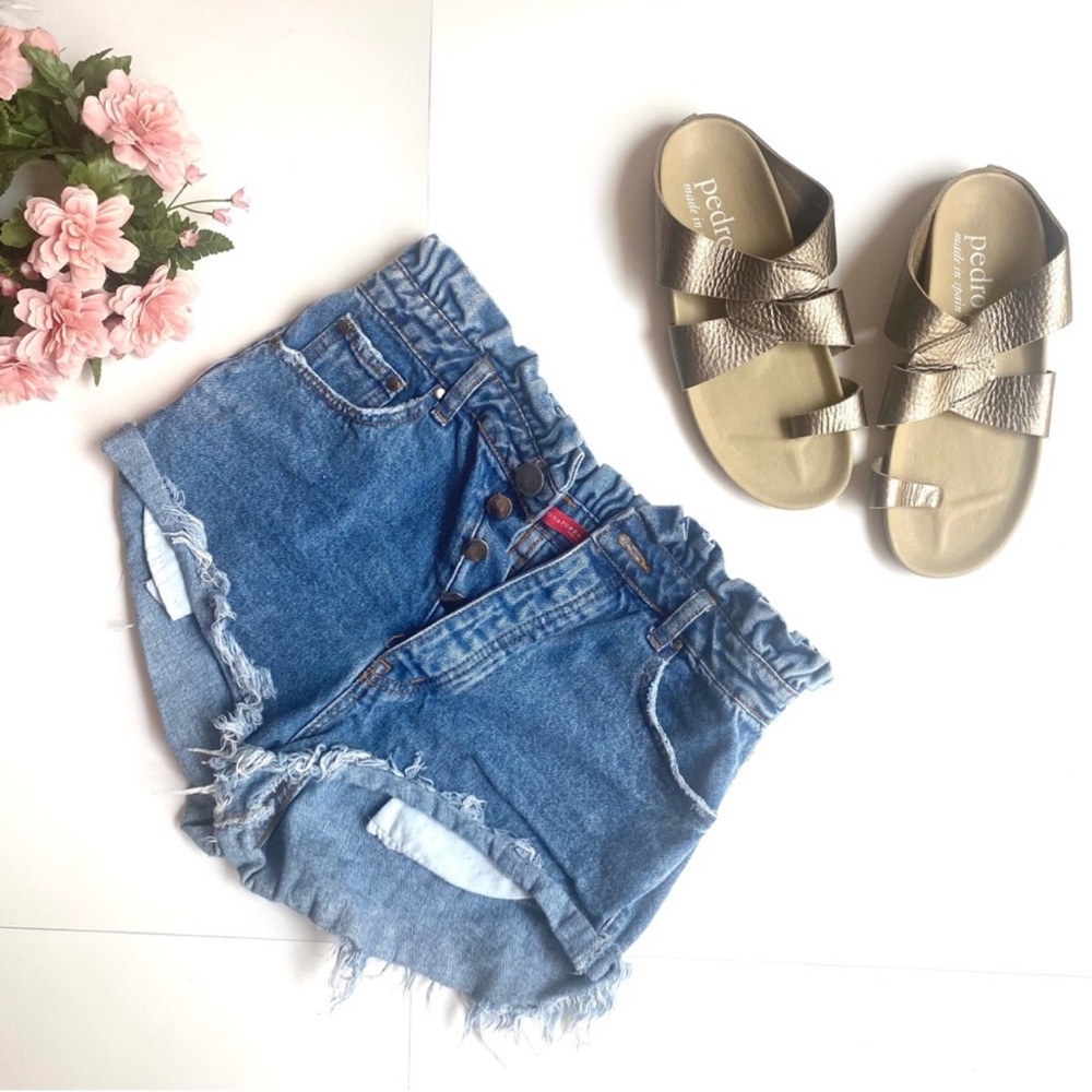 Signature& Blue Paperbag Sharkbite High Waist Frayed Denim Shorts